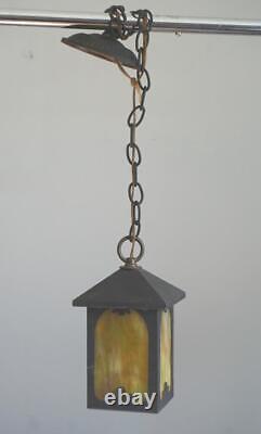 Vintage Arts & Crafts Mission Hanging Light with Slag Stained Glass Panes