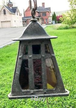 Vintage Arts and Crafts Heavy Cast Iron Porch Light withStained Glass Panels
