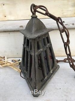 Vintage Arts and Crafts Heavy Cast Iron Porch Light withStained Glass Panels