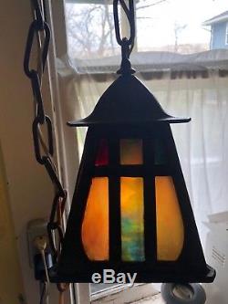 Vintage Arts and Crafts Heavy Cast Porch Light withSlag & Stained Glass Panels
