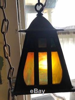 Vintage Arts and Crafts Heavy Cast Porch Light withSlag & Stained Glass Panels
