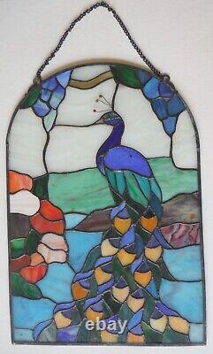 Vintage Beautiful Peacock Stained Glass Window Panel Sun Catcher 16 x 11 J6107