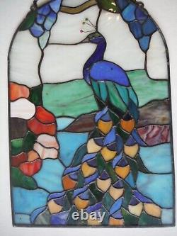 Vintage Beautiful Peacock Stained Glass Window Panel Sun Catcher 16 x 11 J6107