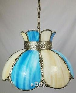 Vintage Blue Slag Stained Glass Hanging Swag Ceiling Lamp Light 8 Panel