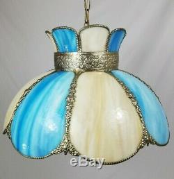 Vintage Blue Slag Stained Glass Hanging Swag Ceiling Lamp Light 8 Panel