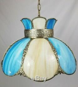 Vintage Blue Slag Stained Glass Hanging Swag Ceiling Lamp Light 8 Panel