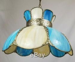 Vintage Blue Slag Stained Glass Hanging Swag Ceiling Lamp Light 8 Panel