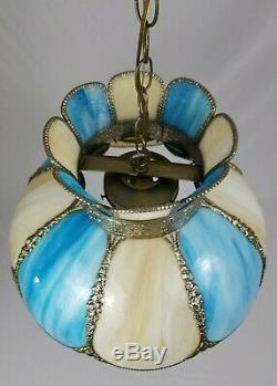 Vintage Blue Slag Stained Glass Hanging Swag Ceiling Lamp Light 8 Panel