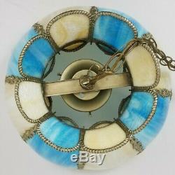 Vintage Blue Slag Stained Glass Hanging Swag Ceiling Lamp Light 8 Panel