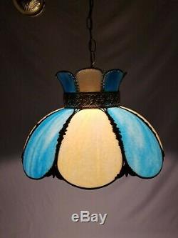 Vintage Blue Slag Stained Glass Hanging Swag Ceiling Lamp Light 8 Panel