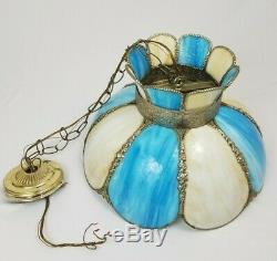 Vintage Blue Slag Stained Glass Hanging Swag Ceiling Lamp Light 8 Panel