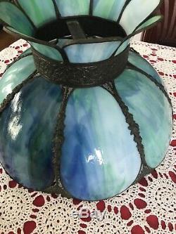 Vintage Blue/green Stained Slag Bent Glass 8 Panel Lampshade