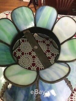 Vintage Blue/green Stained Slag Bent Glass 8 Panel Lampshade