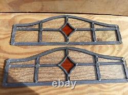 Vintage Coloured Stained Glass Panels old orange art deco 6x17 rare pair