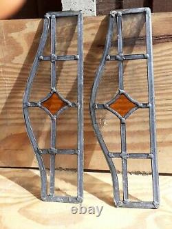 Vintage Coloured Stained Glass Panels old orange art deco 6x17 rare pair