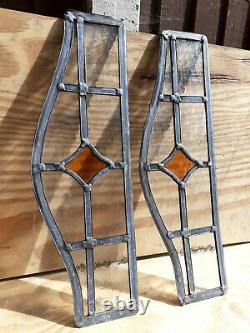Vintage Coloured Stained Glass Panels old orange art deco 6x17 rare pair