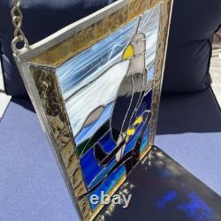 Vintage Eagle Stained Glass Panel Sun Catcher With Dual Chain 15x10