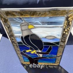 Vintage Eagle Stained Glass Panel Sun Catcher With Dual Chain 15x10
