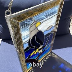 Vintage Eagle Stained Glass Panel Sun Catcher With Dual Chain 15x10