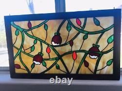 Vintage Floral Stained Glass Wood Framed Hanging Panel Artist Signed 33.5x20