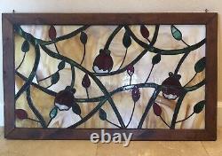 Vintage Floral Stained Glass Wood Framed Hanging Panel Artist Signed 33.5x20