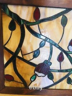 Vintage Floral Stained Glass Wood Framed Hanging Panel Artist Signed 33.5x20