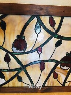 Vintage Floral Stained Glass Wood Framed Hanging Panel Artist Signed 33.5x20