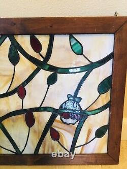 Vintage Floral Stained Glass Wood Framed Hanging Panel Artist Signed 33.5x20