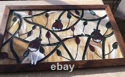 Vintage Floral Stained Glass Wood Framed Hanging Panel Artist Signed 33.5x20