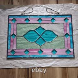 Vintage Framed Stained Glass Hanging Window Blue & Pink