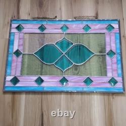 Vintage Framed Stained Glass Hanging Window Blue & Pink