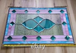 Vintage Framed Stained Glass Hanging Window Blue & Pink