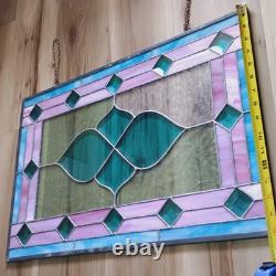 Vintage Framed Stained Glass Hanging Window Blue & Pink