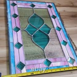 Vintage Framed Stained Glass Hanging Window Blue & Pink