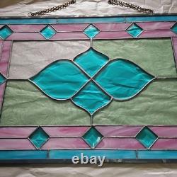 Vintage Framed Stained Glass Hanging Window Blue & Pink