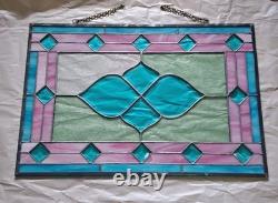 Vintage Framed Stained Glass Hanging Window Blue & Pink