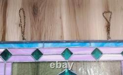 Vintage Framed Stained Glass Hanging Window Blue & Pink