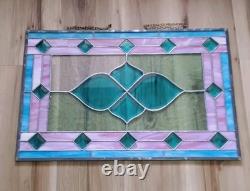 Vintage Framed Stained Glass Hanging Window Blue & Pink