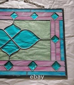 Vintage Framed Stained Glass Hanging Window Blue & Pink