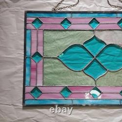 Vintage Framed Stained Glass Hanging Window Blue & Pink