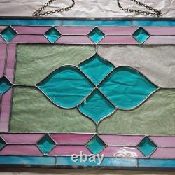 Vintage Framed Stained Glass Hanging Window Blue & Pink
