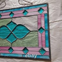 Vintage Framed Stained Glass Hanging Window Blue & Pink