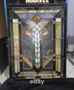 Vintage Framed Stained Glass Window Hanger, 24 X 18 With Hooks And Chain To