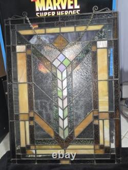 Vintage Framed Stained Glass Window Hanger, 24 X 18 With Hooks And Chain To