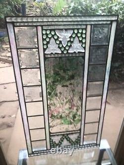 Vintage Green Botanical Stained Glass Art Panel Window Transom 26.5 X 15.5 Large