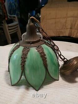 Vintage Green Hanging Pendant Light 8 panel Stained Glass Nice