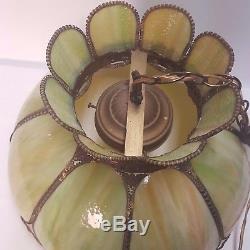 Vintage Green Slag Glass Hanging Chandelier Light Fixture-8 Panel Stained Glass
