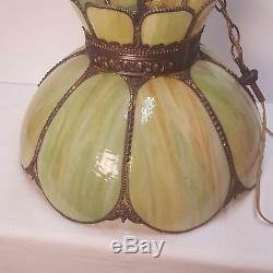Vintage Green Slag Glass Hanging Chandelier Light Fixture-8 Panel Stained Glass