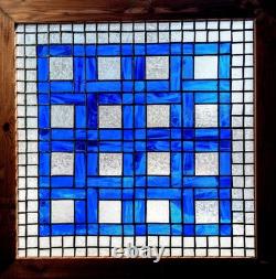 Vintage Hand Crafted Stained Glass Art Window Panel, Blue & Clear, 20 x 20