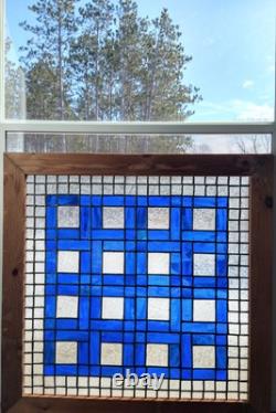 Vintage Hand Crafted Stained Glass Art Window Panel, Blue & Clear, 20 x 20